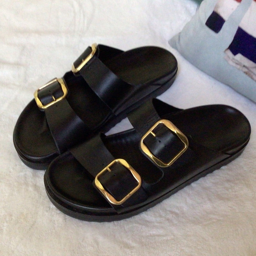 Women's Black Slide Sandals with Gold Buckles